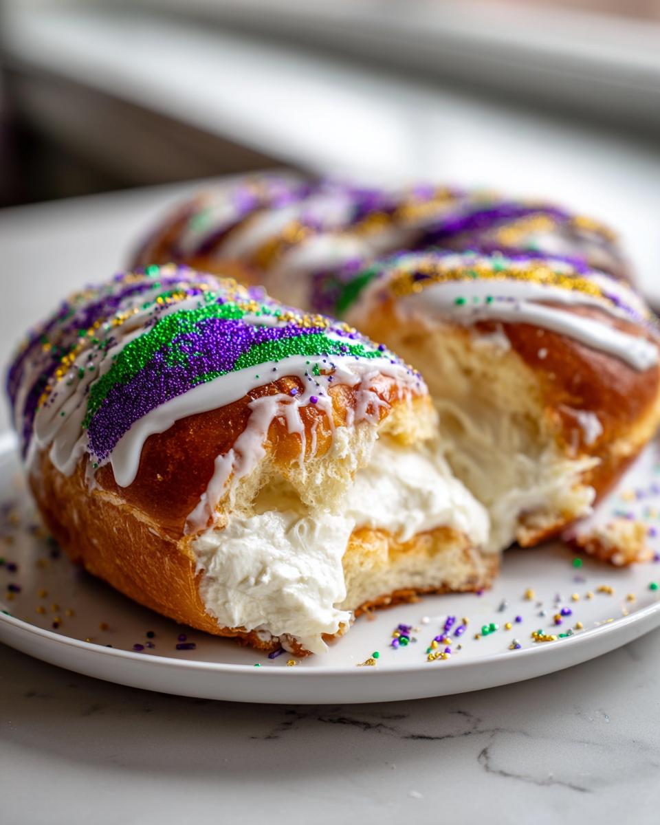 A slice of rich, cream cheese-filled king cake topped with white icing and purple, green, and gold Mardi Gras sprinkles.