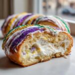 Close-up of a slice of cream cheese filled king cake showing the soft dough, rich filling, and purple, green, and gold sprinkles.