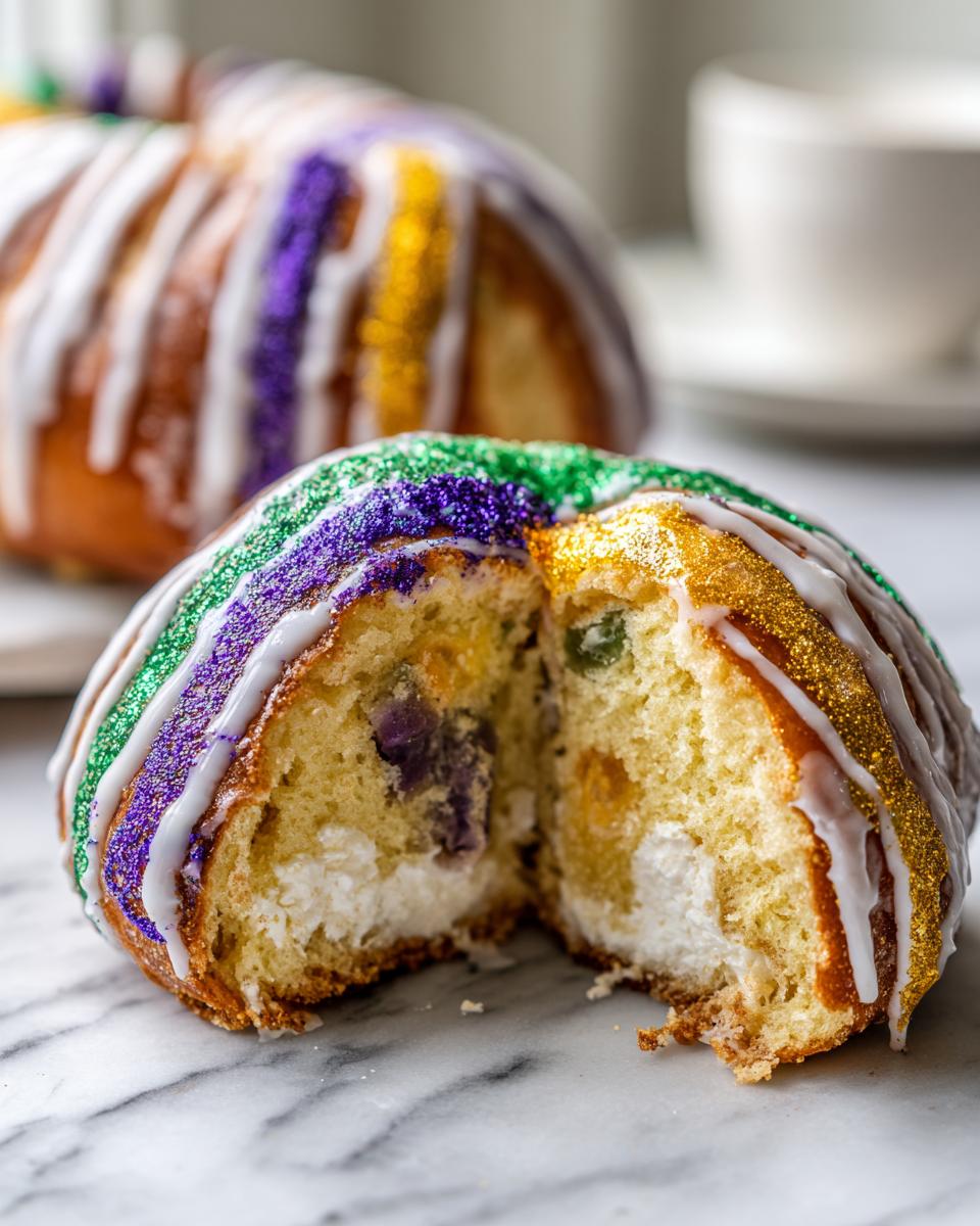 Close-up of a slice of delicious king cake showing cream cheese filling and colorful purple, green, and gold sanding sugar.
