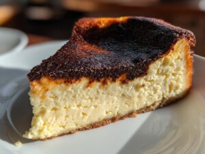 A perfect slice of creamy Basque cheesecake featuring a deeply caramelized, almost burnt top, resting on a white plate.