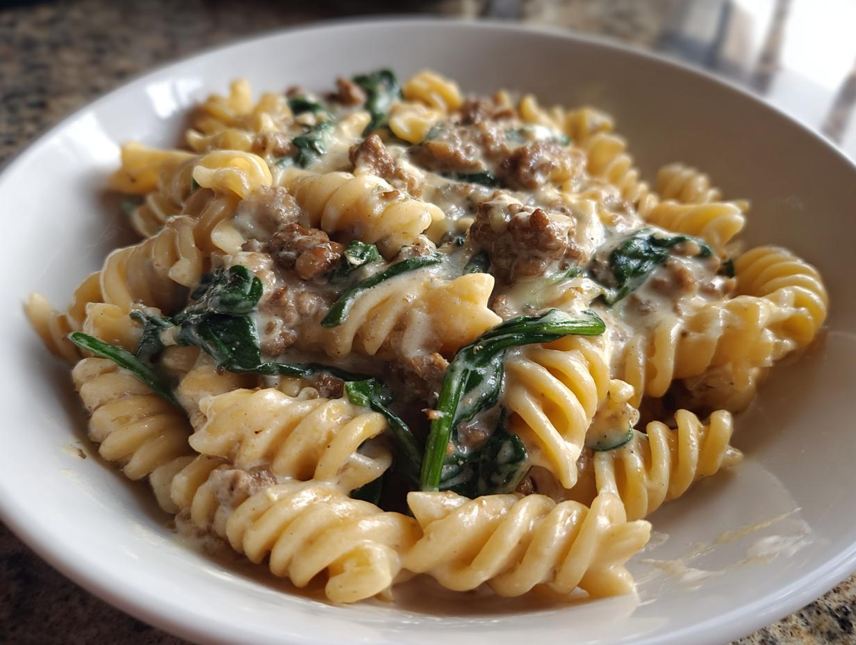 Close-up of creamy beef pasta made with fusilli noodles, ground beef, and wilted spinach in a rich white sauce.