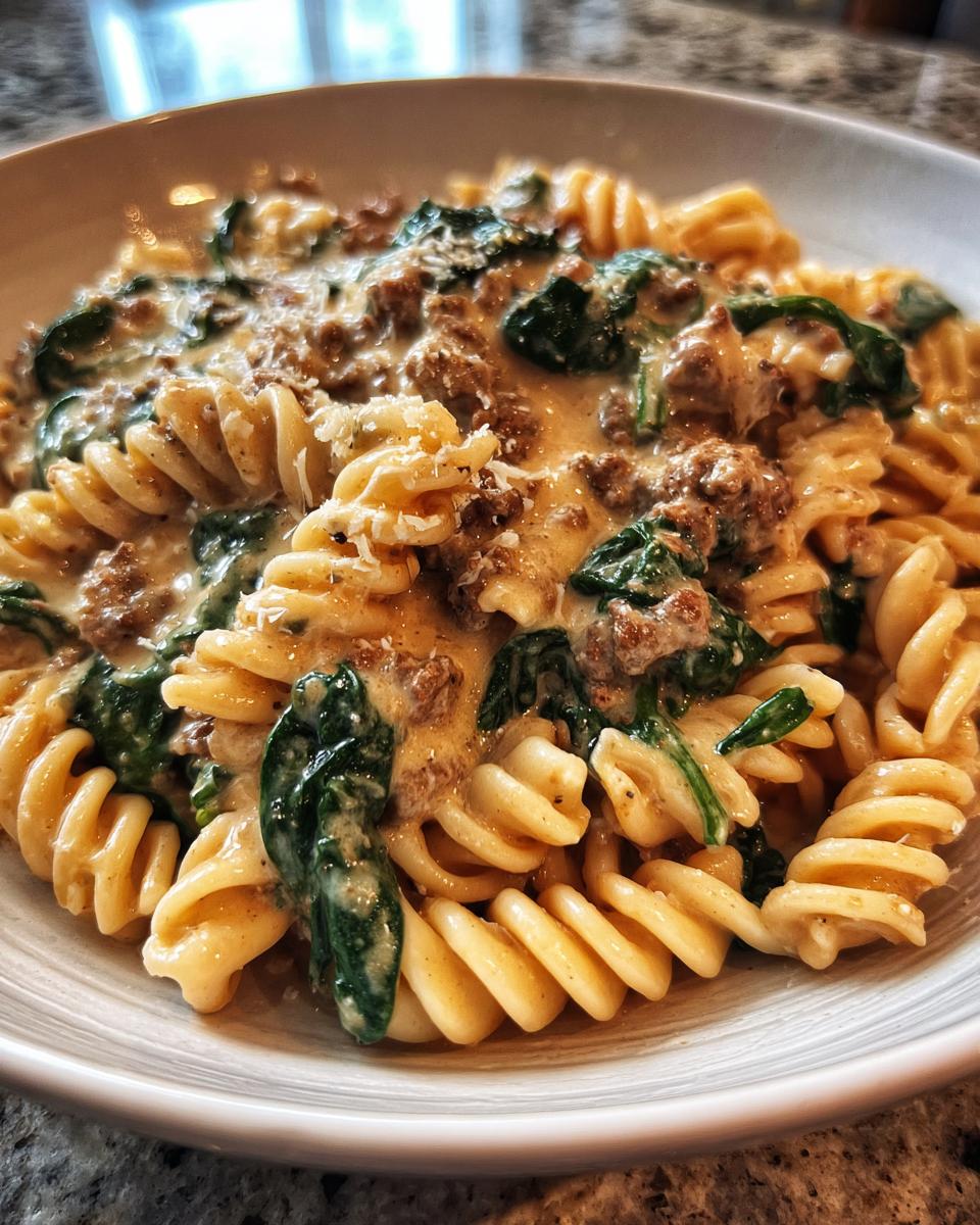 Close-up of a bowl of creamy beef pasta featuring fusilli noodles, ground beef, and wilted spinach, topped with grated cheese.