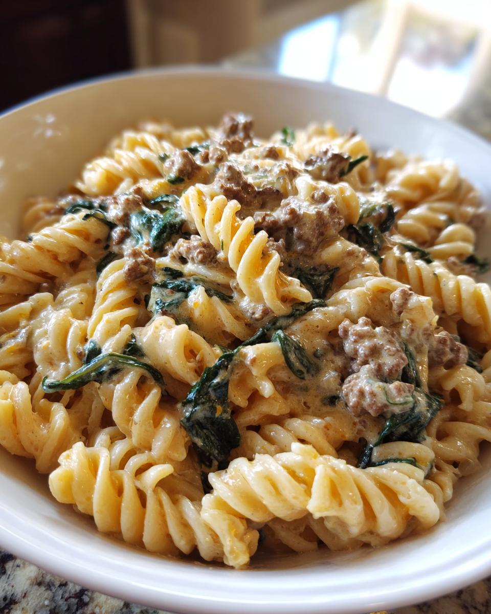 Close-up of creamy beef pasta made with fusilli noodles, ground beef, and wilted spinach in a white bowl.