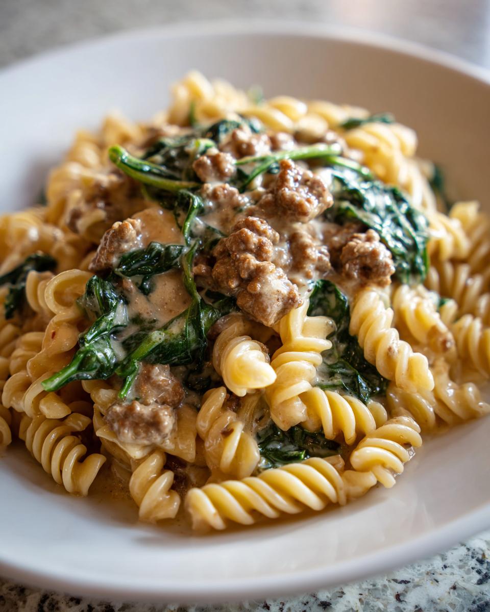 Close-up of creamy beef pasta using rotini noodles, mixed with ground beef and wilted spinach in a rich sauce.