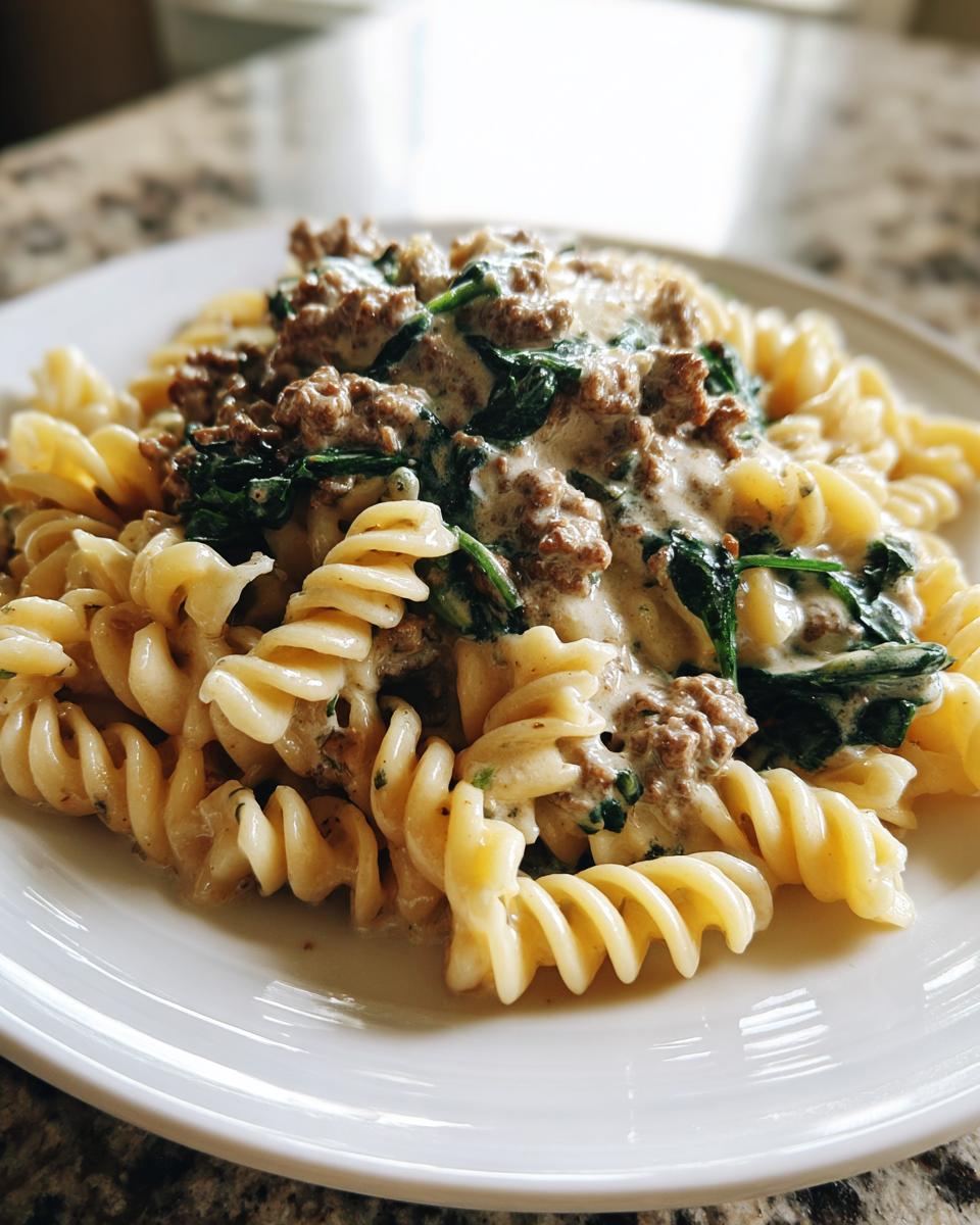 A close-up of creamy beef pasta featuring fusilli noodles, ground beef, and wilted spinach in a rich sauce.