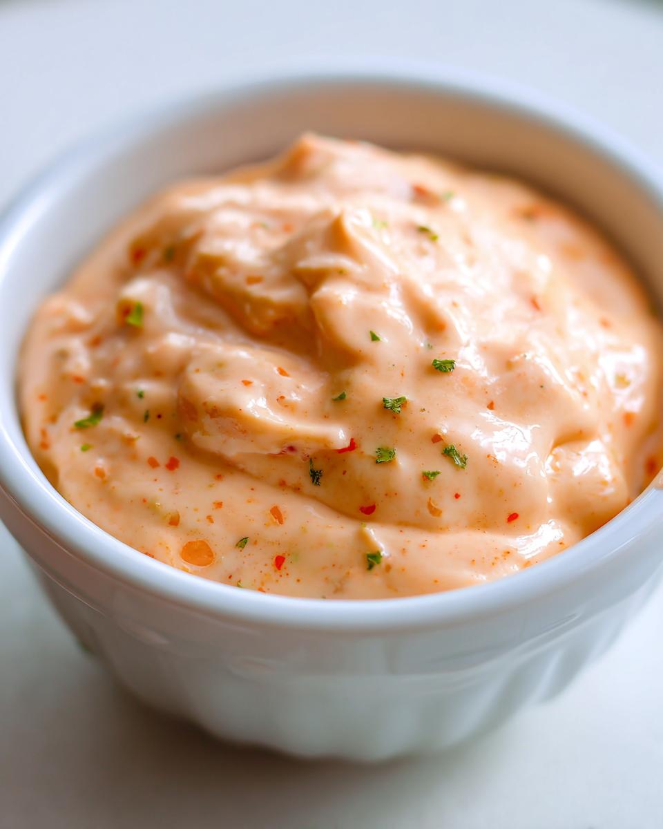 Close-up of creamy, orange-hued big mac sauce speckled with red spice and green herbs in a small white bowl.