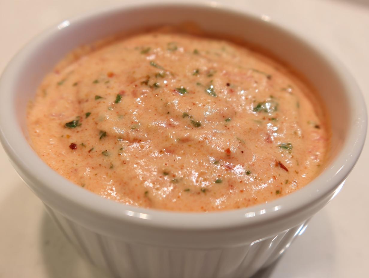 Close-up of creamy, orange-pink big mac sauce speckled with green herbs in a small white ramekin.
