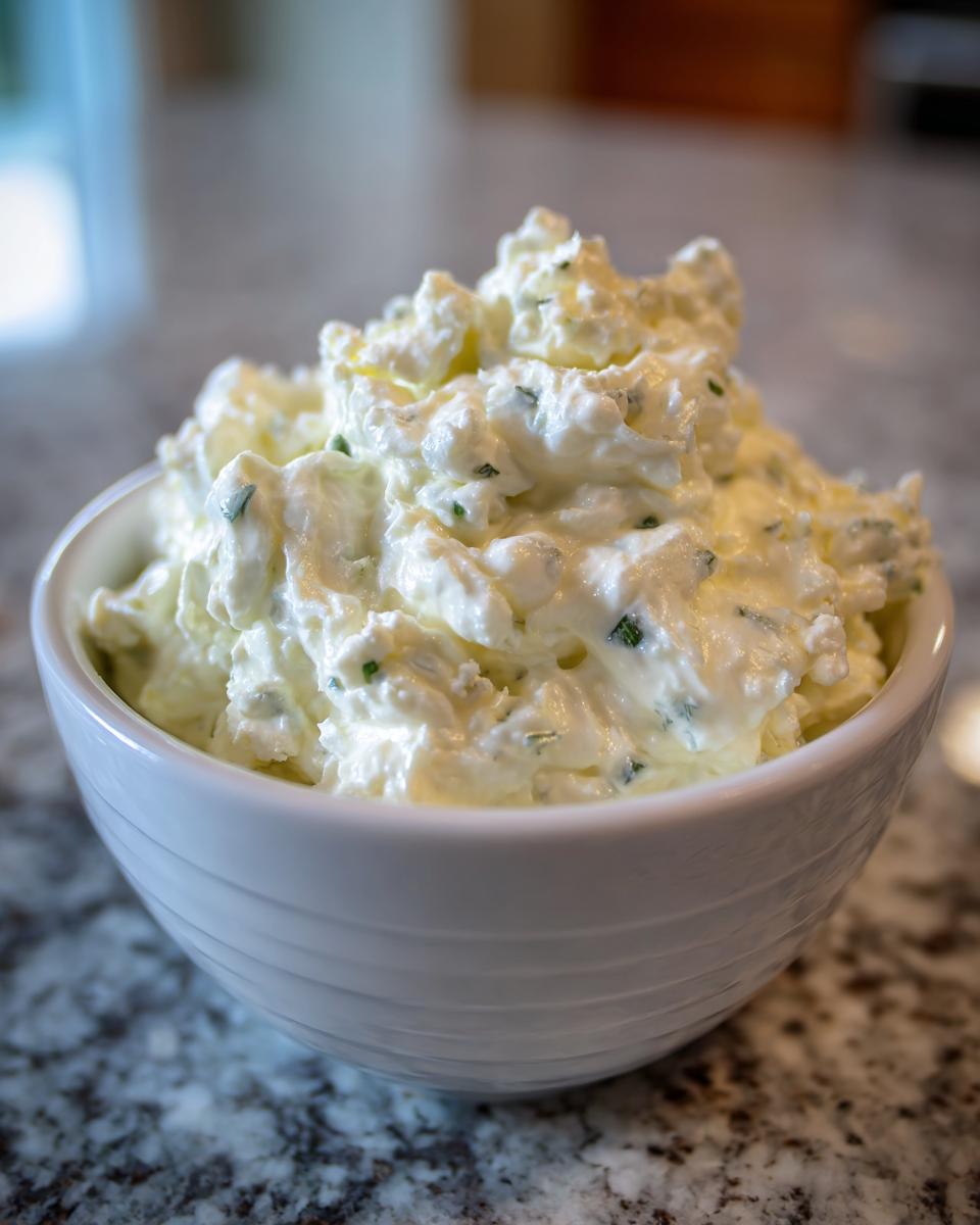 Close-up of a thick, creamy homemade blue cheese dip speckled with green herbs in a white bowl.