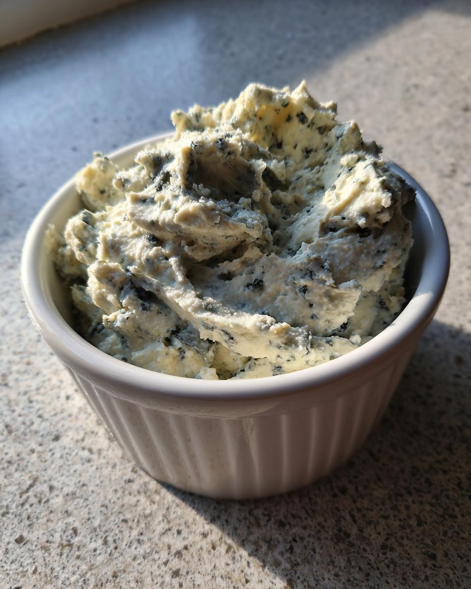 Close-up of a thick, creamy blue cheese dip generously portioned in a small white fluted ramekin.