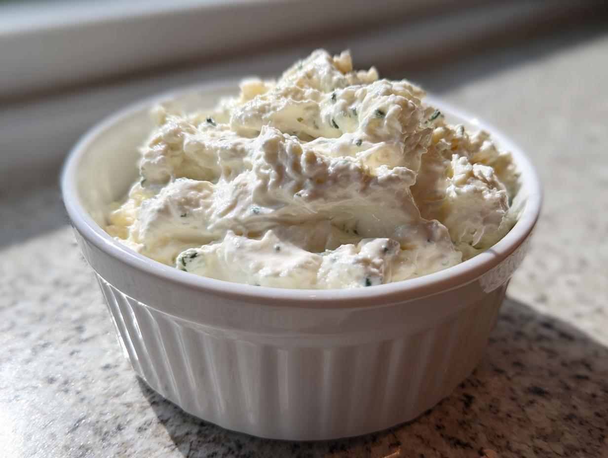 Close-up of creamy, chunky blue cheese dip speckled with herbs in a white fluted ramekin.