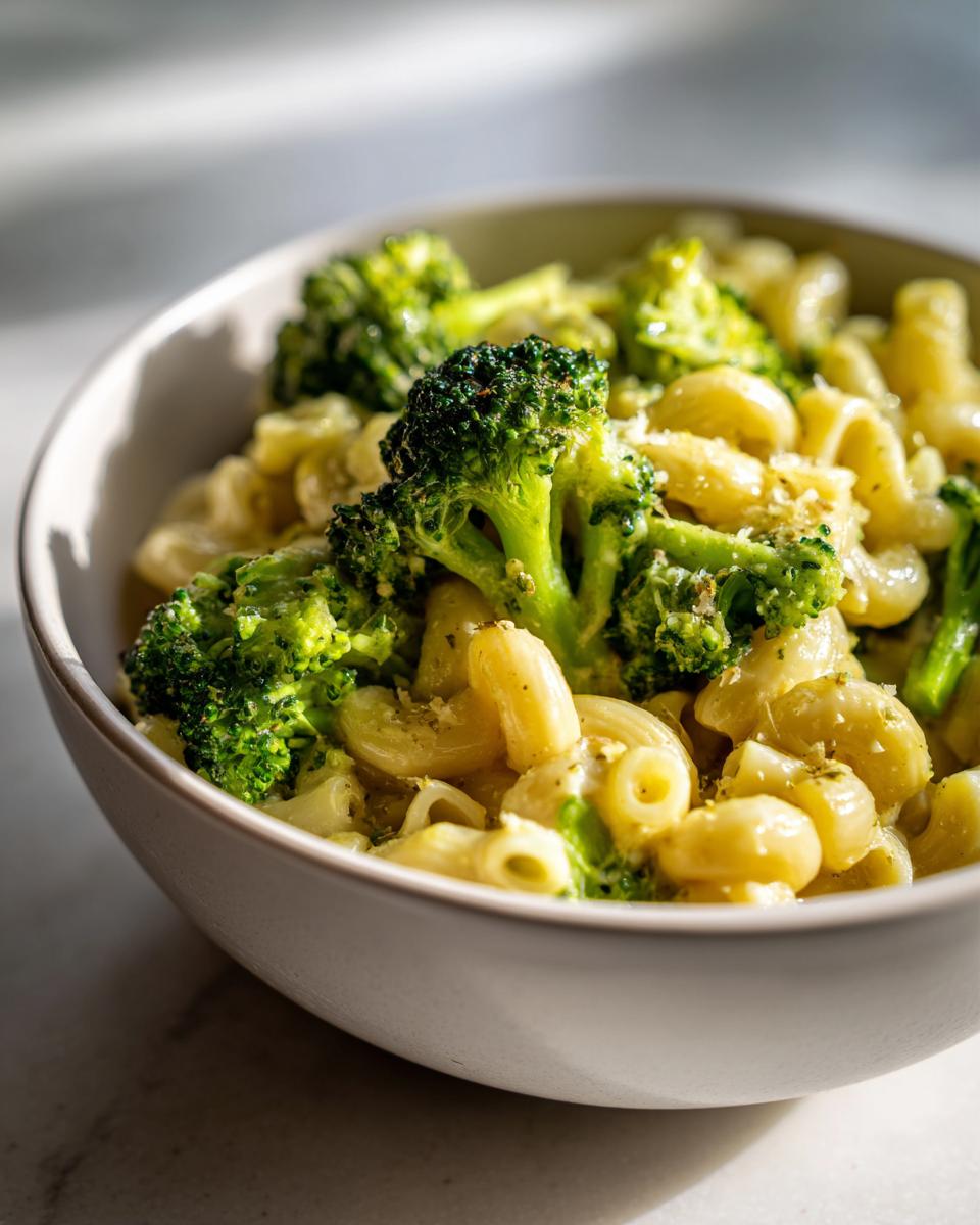 Close-up of a bowl filled with creamy broccoli pasta featuring elbow macaroni and bright green steamed broccoli florets.