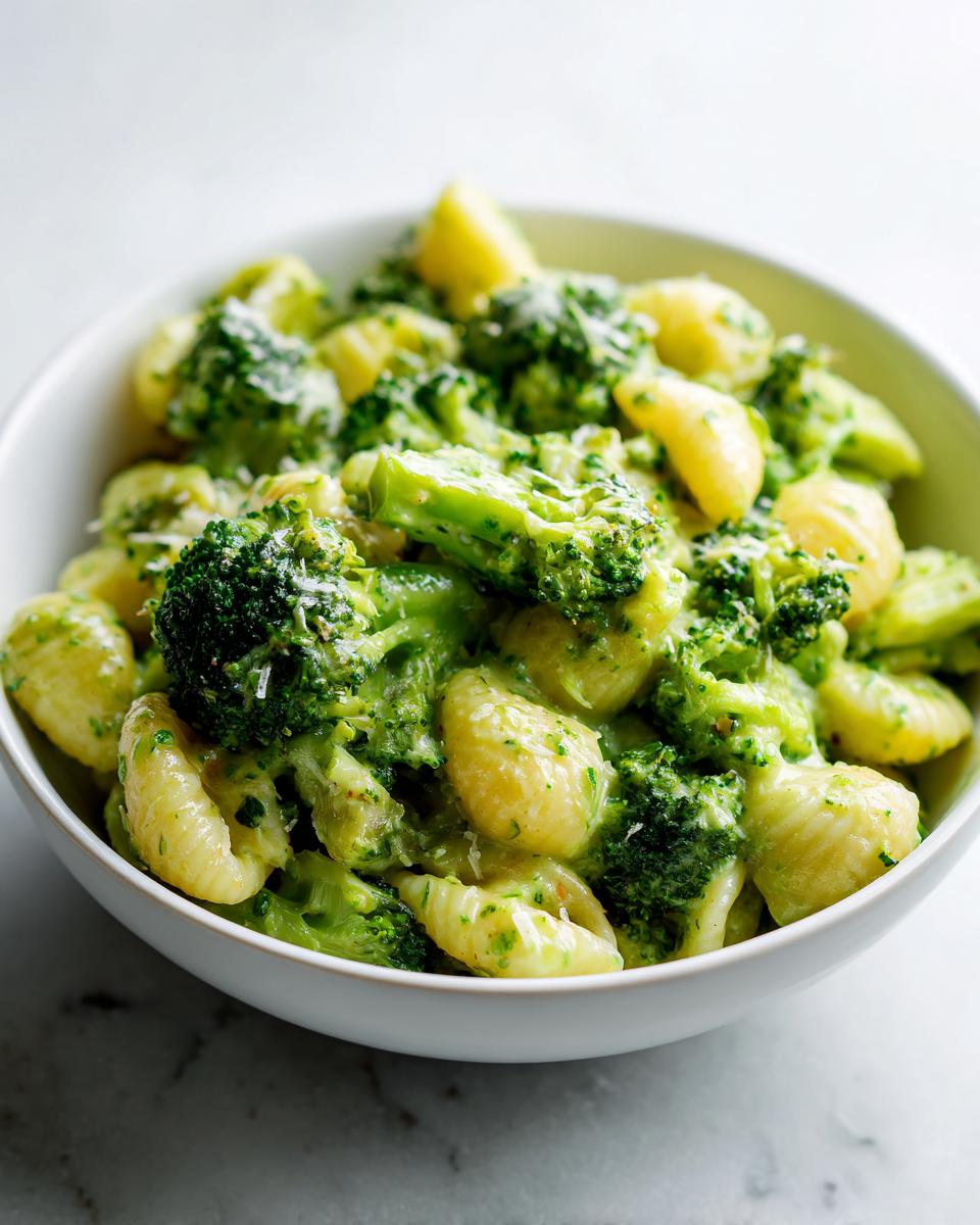 Close-up of creamy broccoli pasta made with orecchiette pasta and bright green broccoli florets.