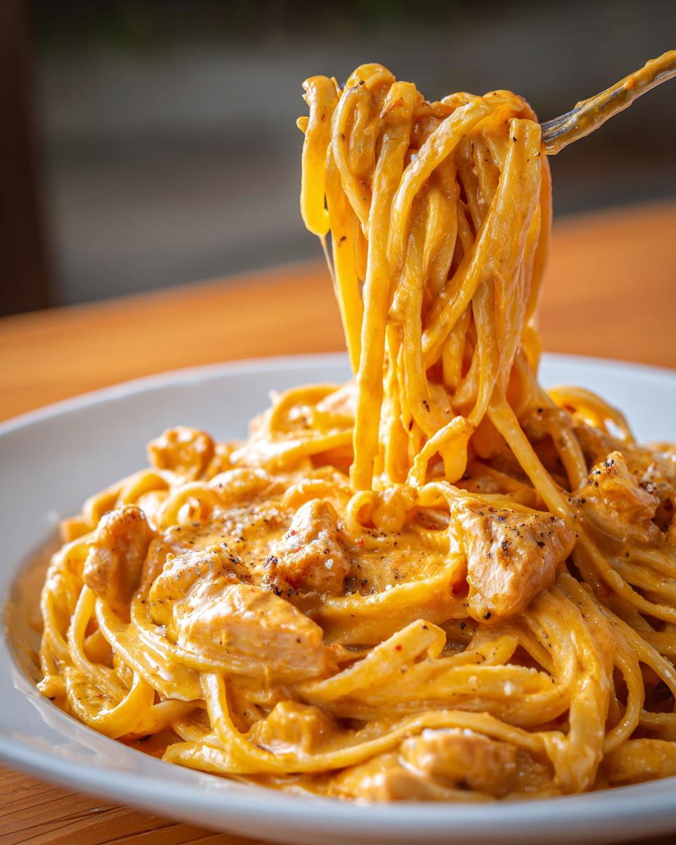 A fork lifts fettuccine noodles coated in rich sauce from a bowl of creamy cajun chicken pasta.