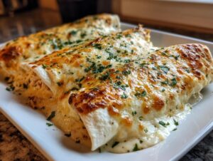 Three creamy chicken enchiladas smothered in melted, bubbly cheese and sprinkled with fresh parsley.