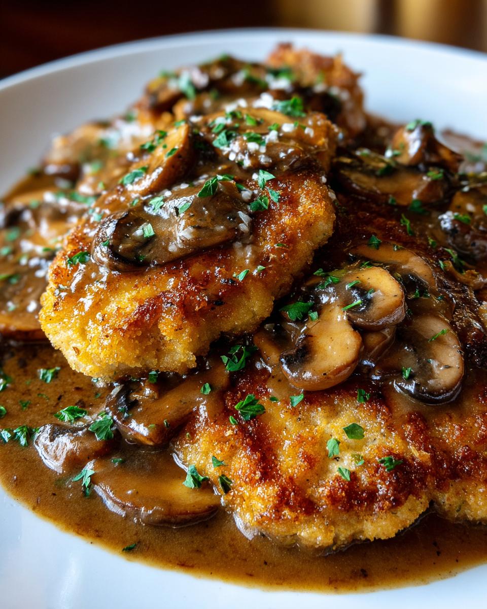 Close-up of breaded chicken cutlets smothered in rich, creamy mushroom sauce, classic chicken marsala.