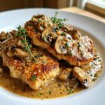 Two golden-brown chicken breasts smothered in a creamy mushroom sauce, garnished with fresh thyme, making delicious chicken marsala.