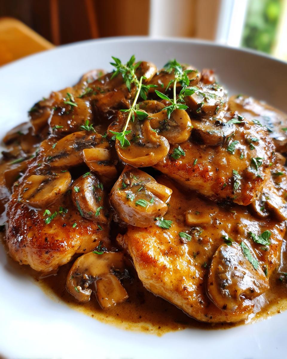 Close-up of pan-seared chicken breasts covered in a rich, creamy mushroom sauce, garnished with fresh thyme for a perfect chicken marsala.