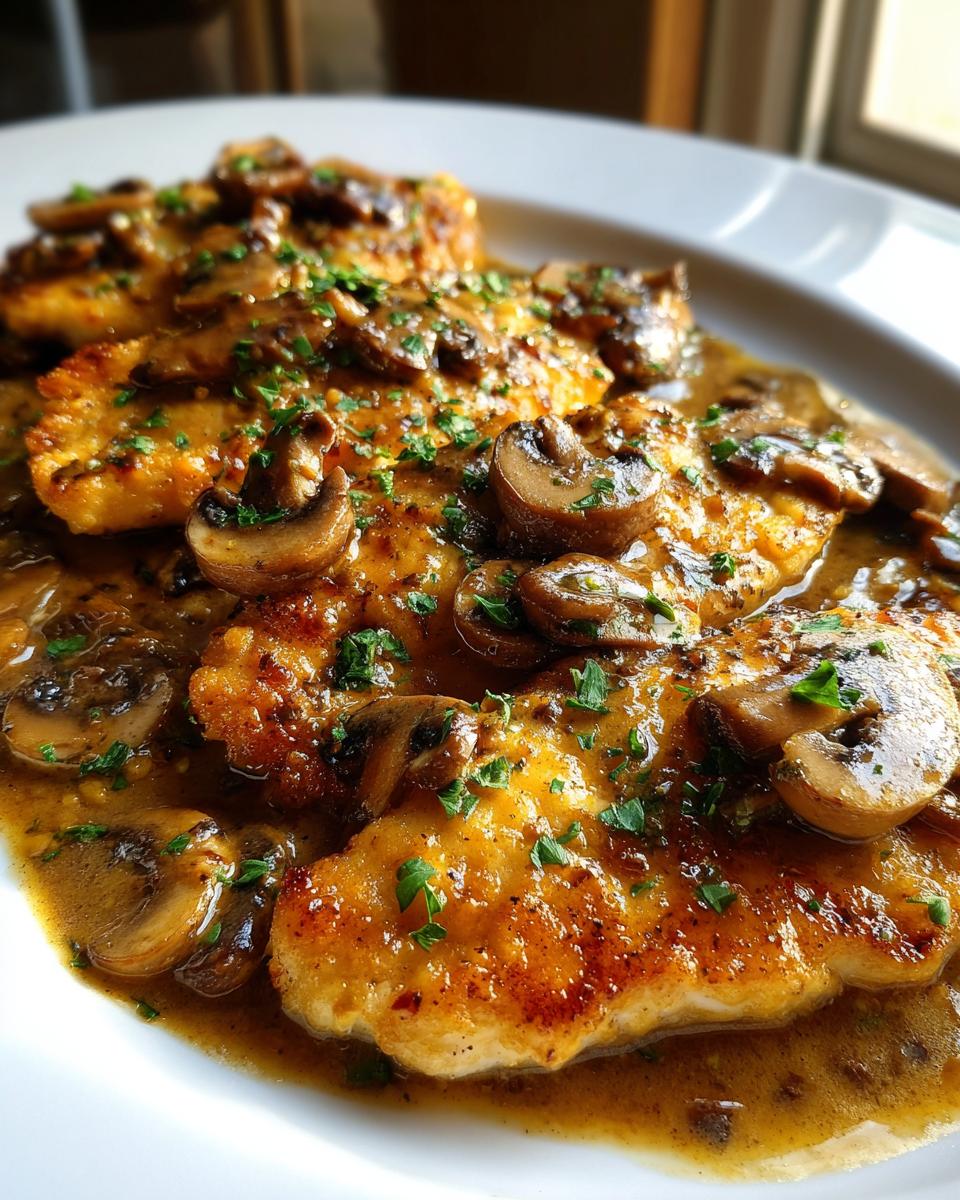 Golden-brown chicken marsala cutlets smothered in a rich, creamy mushroom sauce and garnished with fresh parsley.