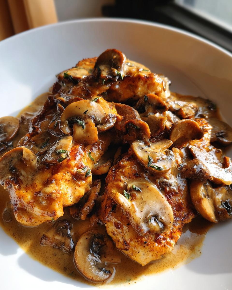 Close-up of golden chicken breasts smothered in a rich, creamy sauce with sliced mushrooms, classic chicken marsala.