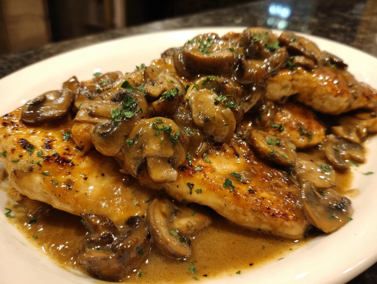 Close-up of pan-seared chicken breasts smothered in a rich, creamy mushroom sauce, classic chicken marsala.