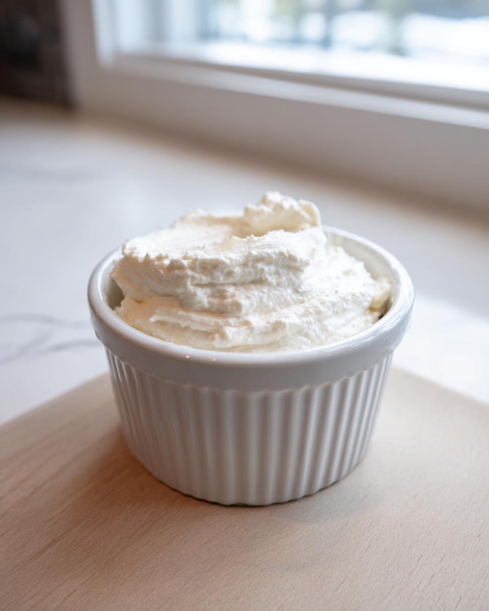A white ramekin filled with fluffy, white creamy horseradish sauce, set on a wooden board near a bright window.