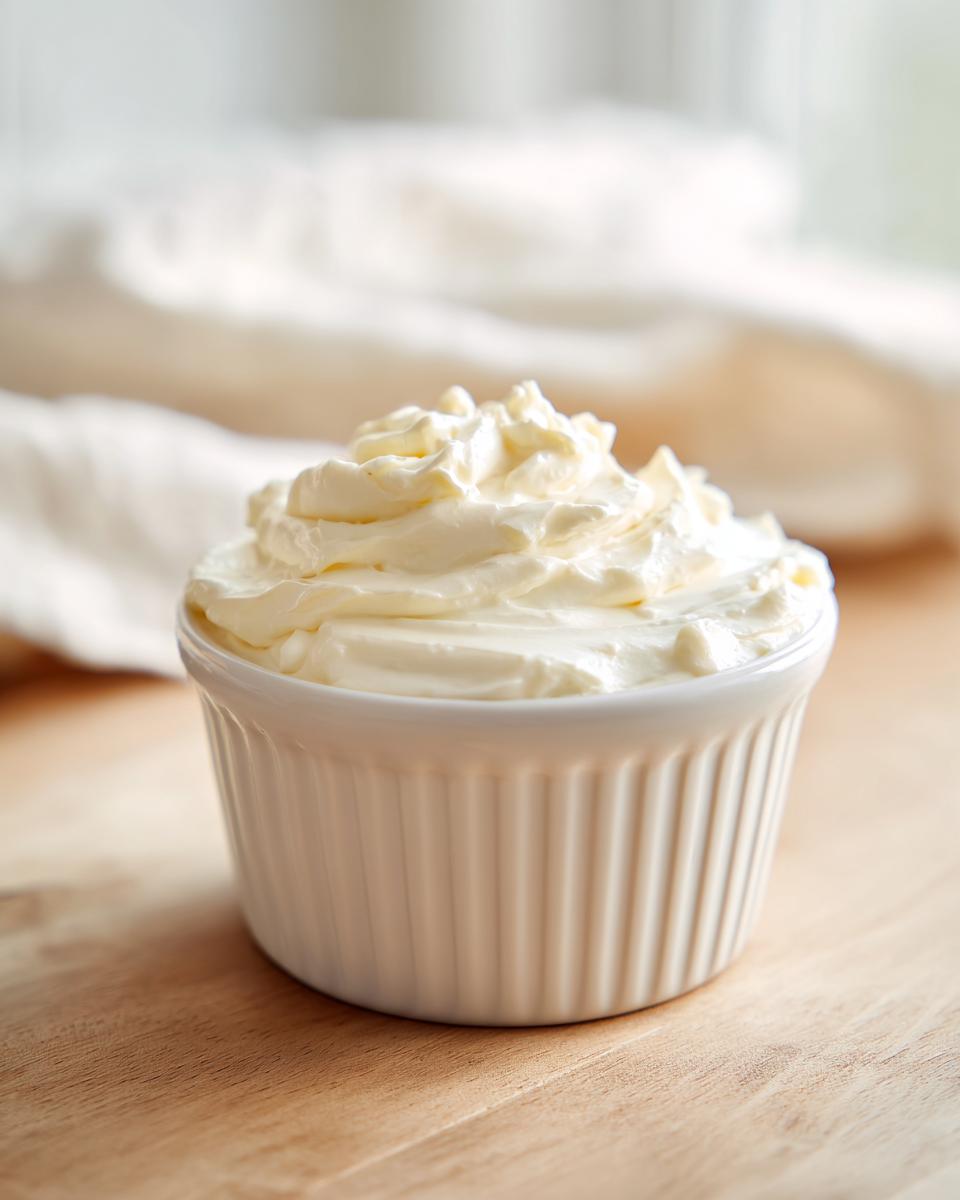 A white, fluted ramekin filled with freshly whipped creamy horseradish sauce, set on a wooden surface.