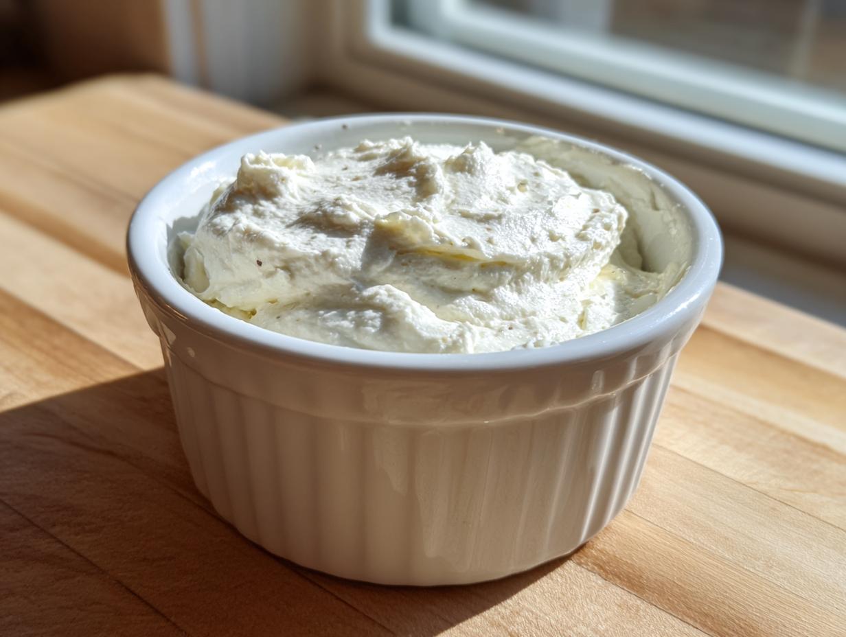 A white fluted ramekin filled with thick, white creamy horseradish sauce, sitting on a wooden surface near a window.