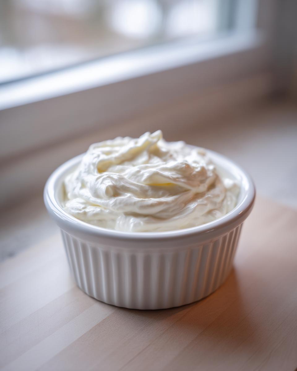 A white, fluted ramekin filled high with freshly whipped creamy horseradish sauce, set on a wooden surface.