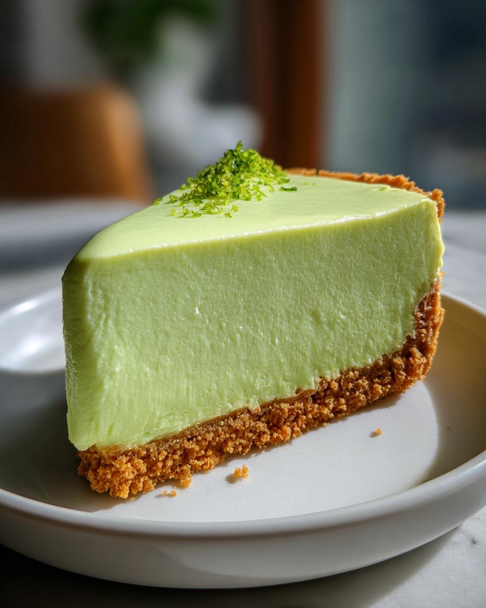 A perfect slice of creamy key lime cheesecake with a graham cracker crust, topped with bright green lime zest.