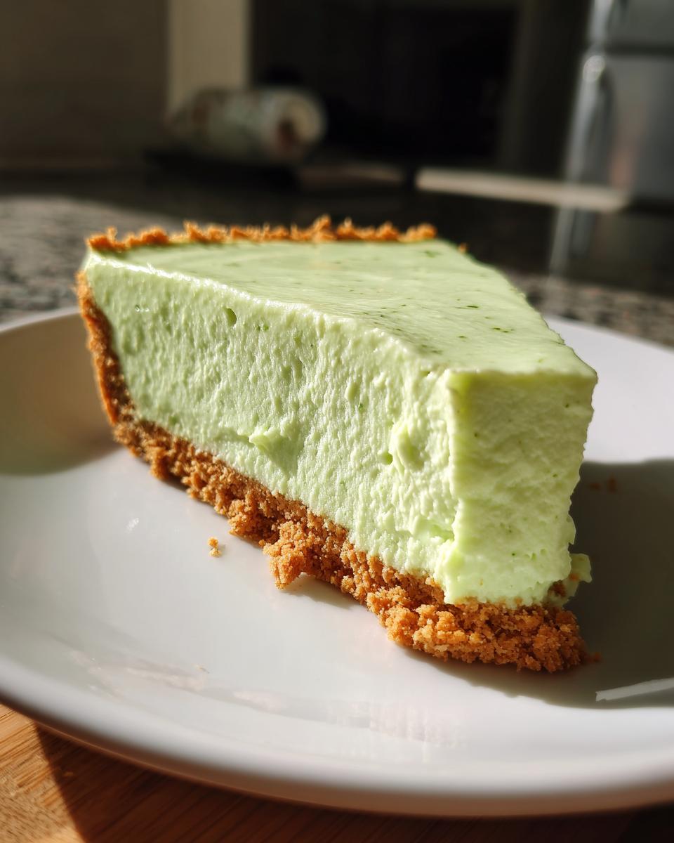 Close-up of a thick, creamy slice of light green key lime cheesecake with a graham cracker crust on a white plate.