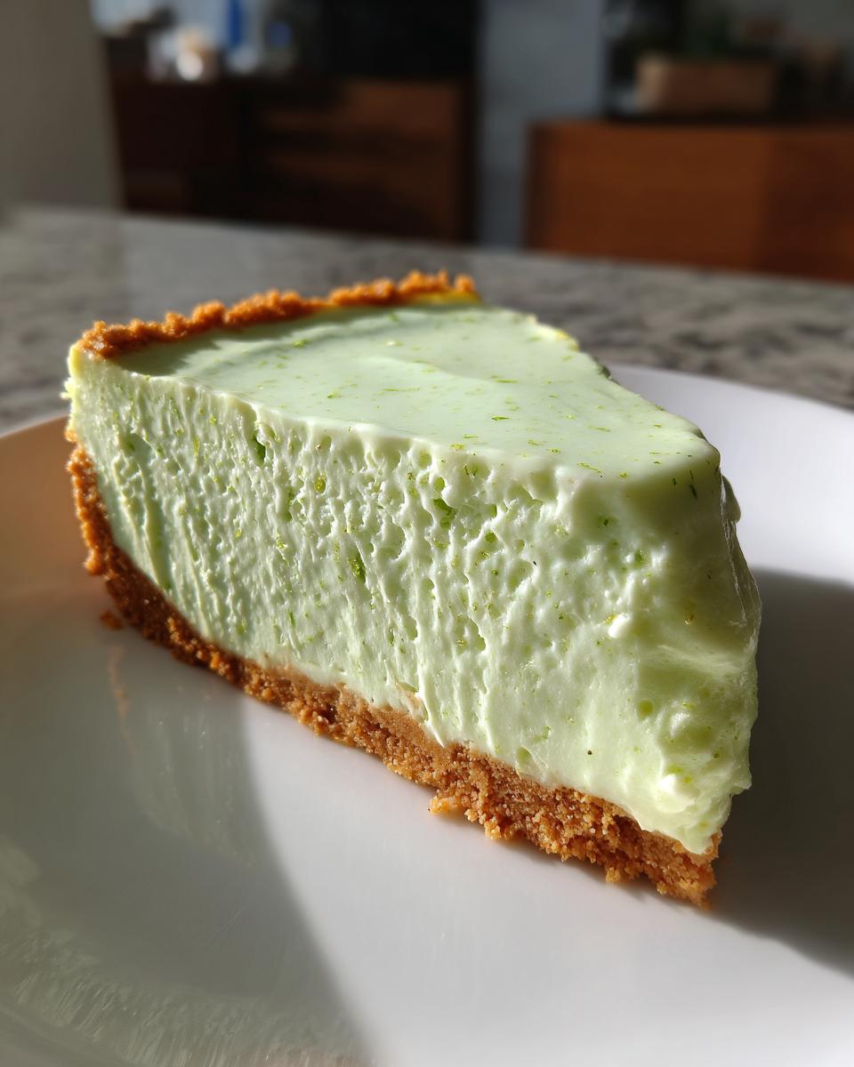 A close-up slice of creamy, light green key lime cheesecake with a thick graham cracker crust on a white plate.