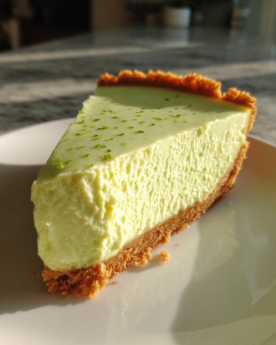 A perfect slice of creamy, pale green key lime cheesecake with a graham cracker crust, topped with lime zest.