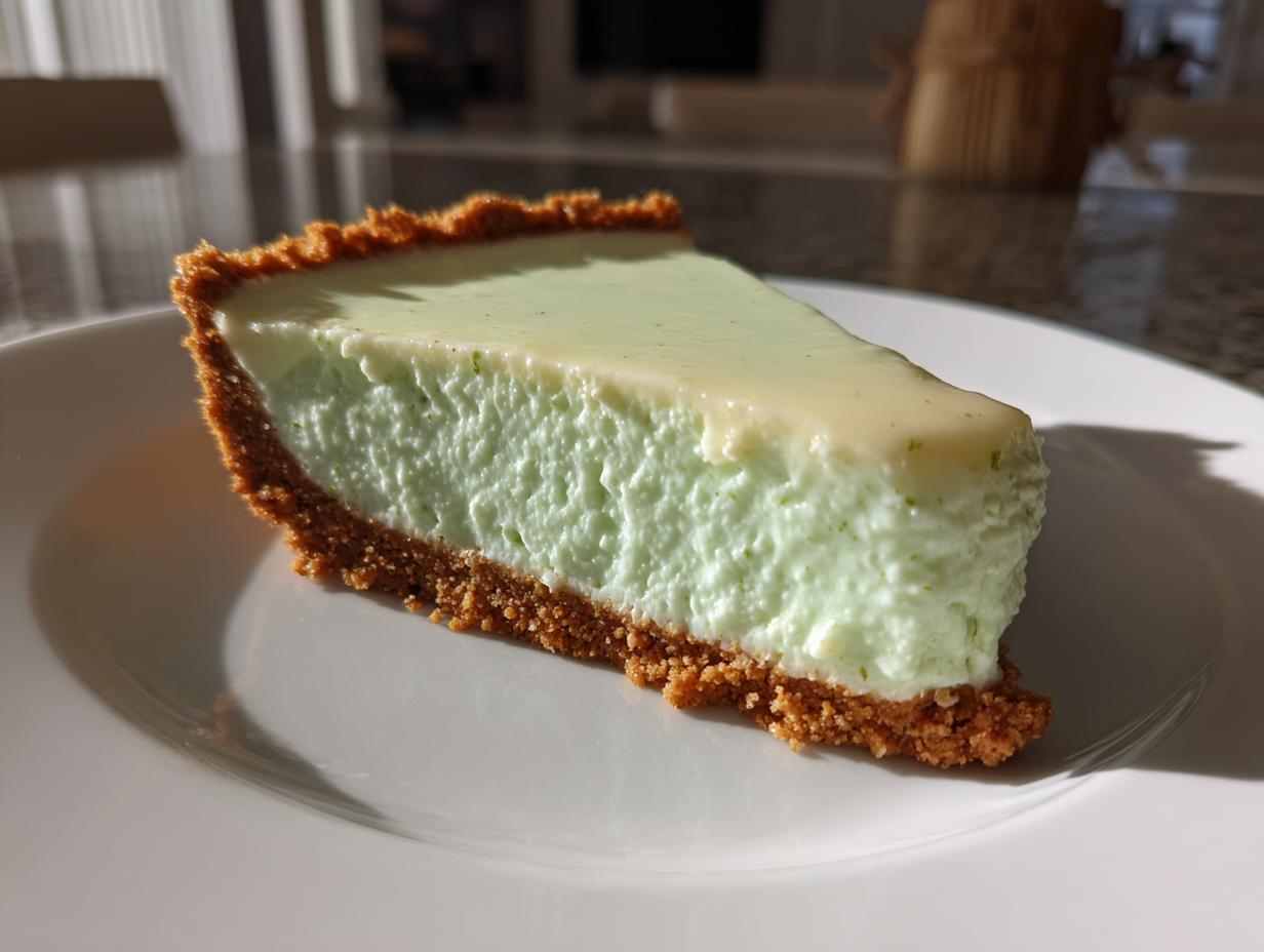A thick, creamy slice of vibrant green key lime cheesecake with a graham cracker crust, served on a white plate.