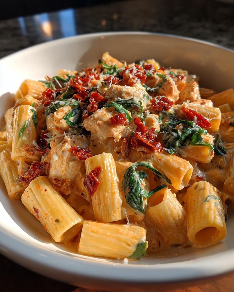 Close-up of creamy marry me chicken pasta featuring rigatoni, chicken pieces, spinach, and sun-dried tomatoes.