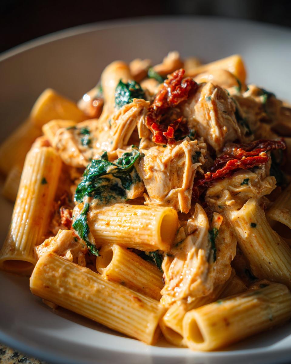 Close-up of a bowl of creamy marry me chicken pasta featuring rigatoni, shredded chicken, spinach, and sun-dried tomatoes.