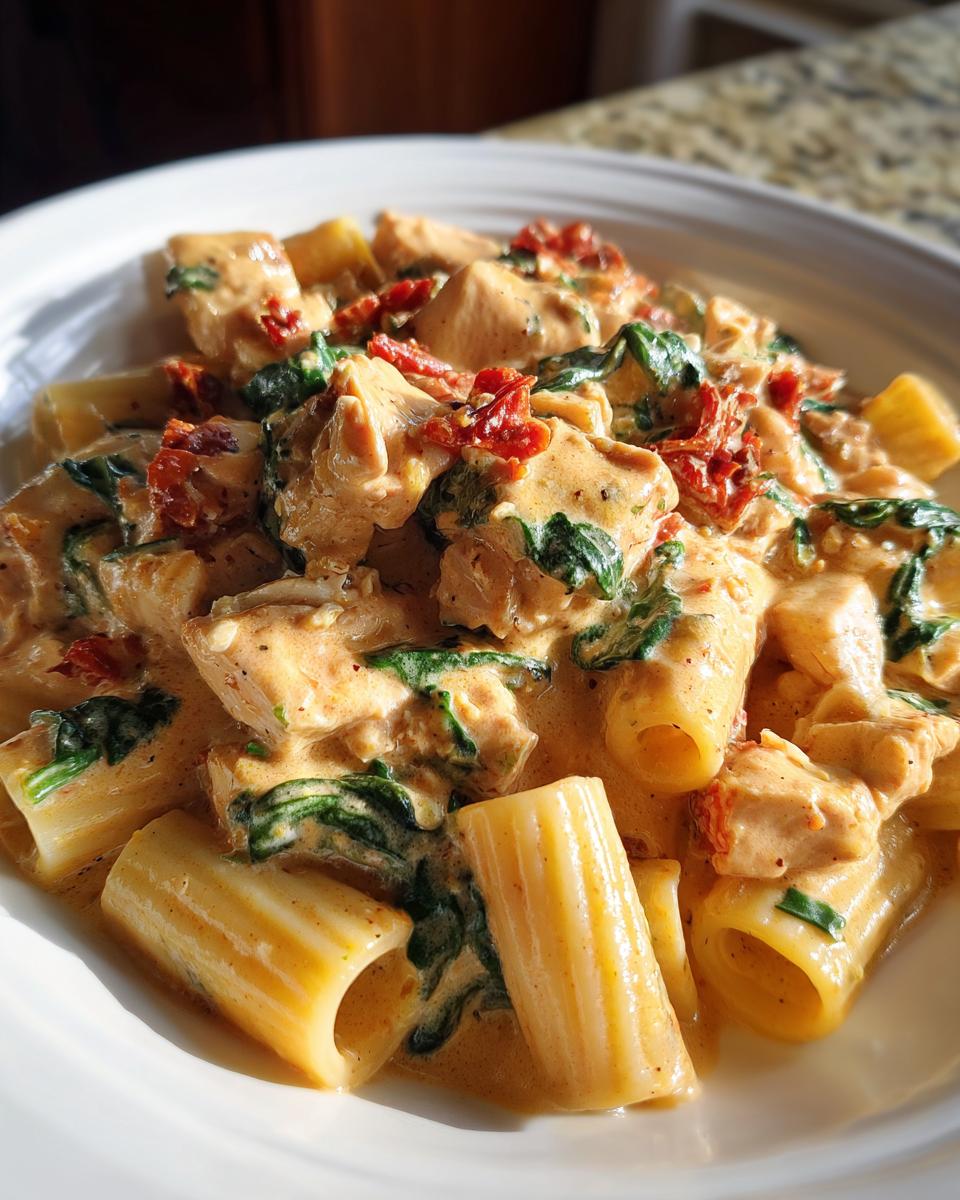 Close-up of creamy marry me chicken pasta featuring large rigatoni, chicken pieces, spinach, and sun-dried tomatoes.