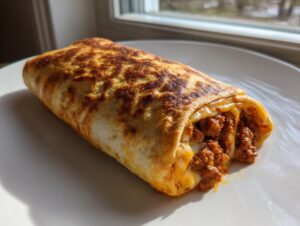 A golden-brown, crispy air fryer chimichangas filled with seasoned ground meat and melted cheese, resting on a white plate.