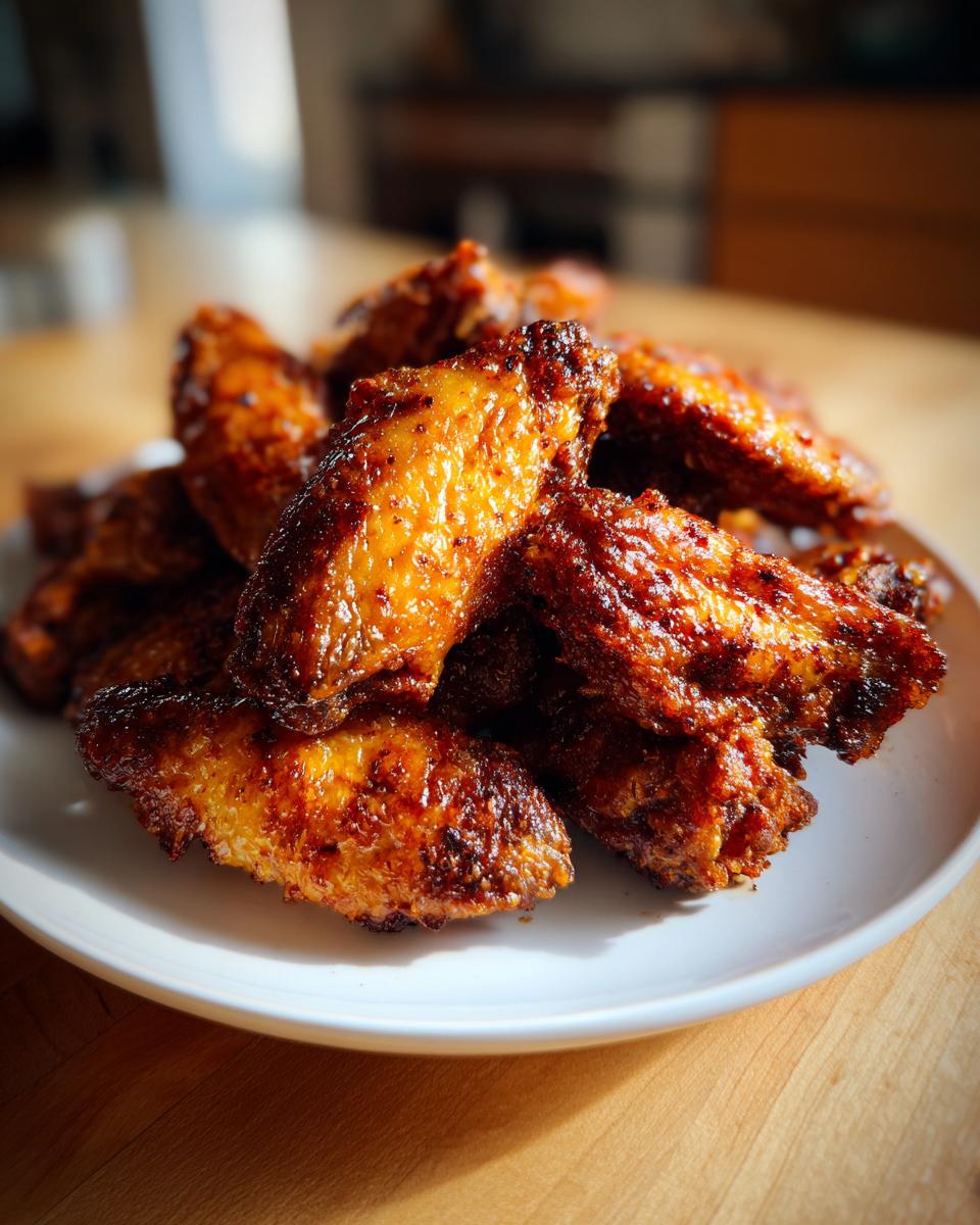 A close-up, appetizing shot of a pile of crispy, glazed chicken wing pieces served on a white plate.