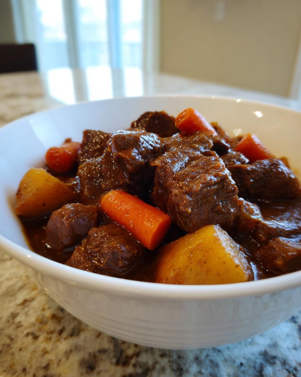 Close-up of tender beef chunks, carrots, and potatoes in a rich gravy, ready to eat crockpot beef stew.