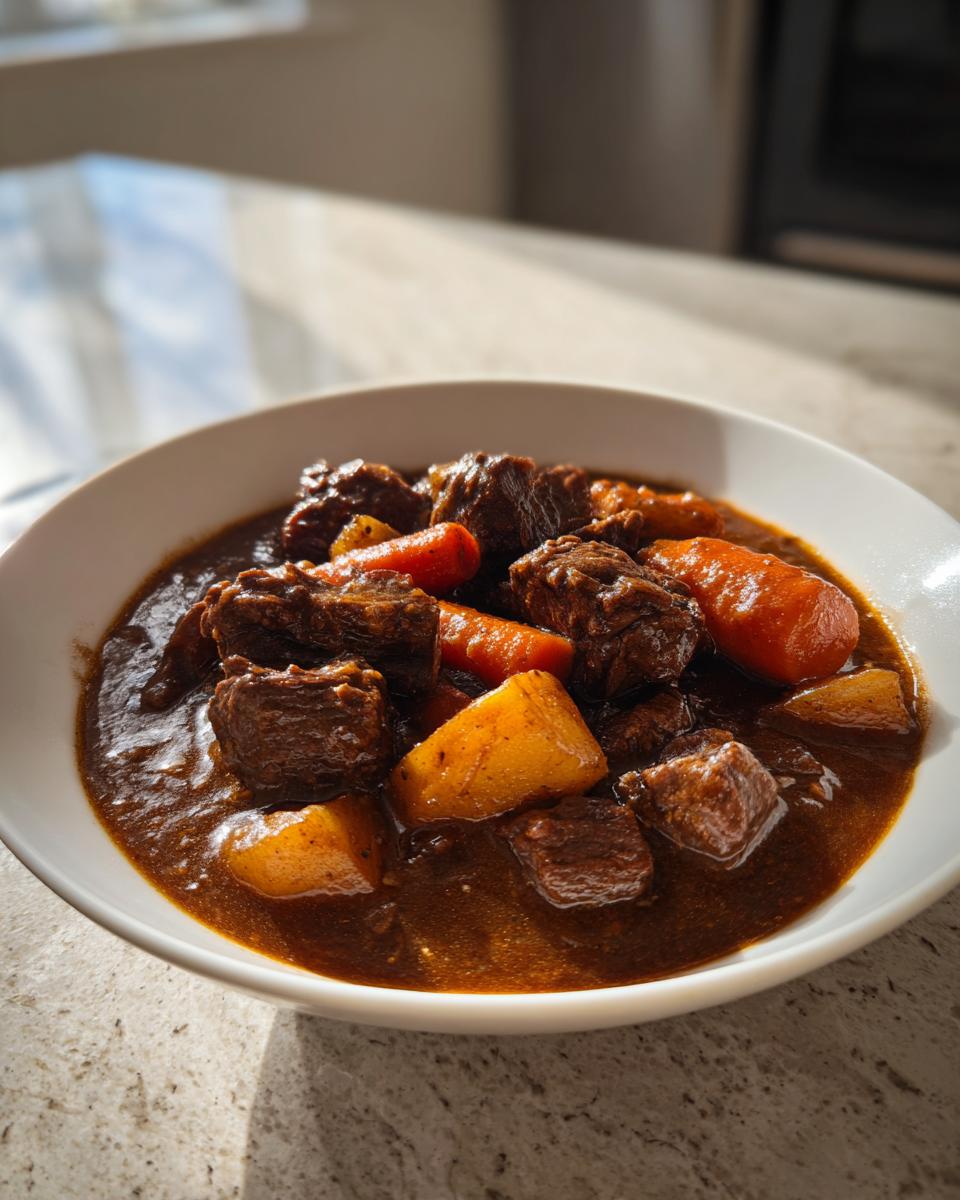 Close-up of a hearty bowl of rich, dark crockpot beef stew with chunks of beef, carrots, and potatoes.