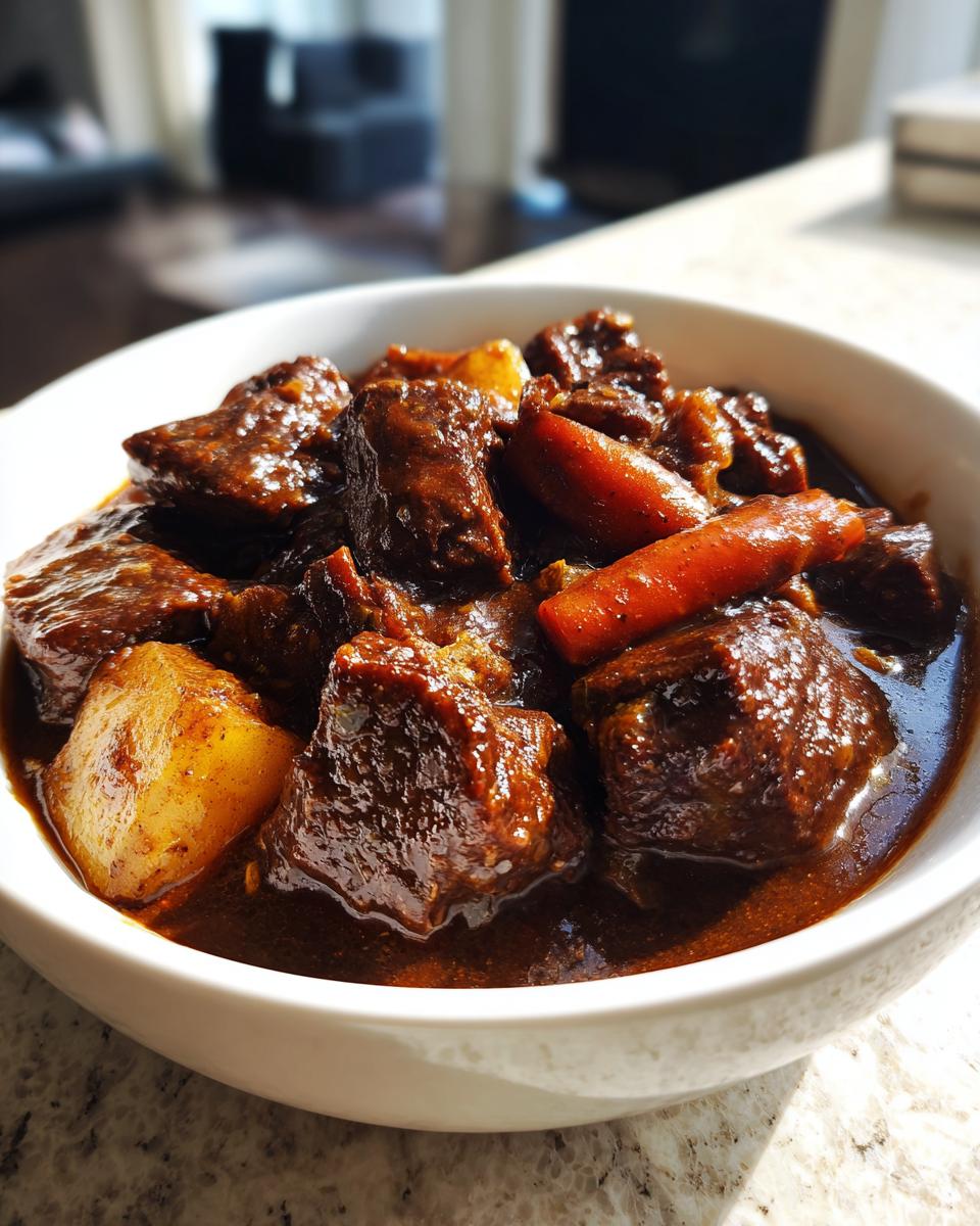 Close-up of tender chunks of beef, carrots, and potatoes in a rich gravy from the crockpot beef stew.