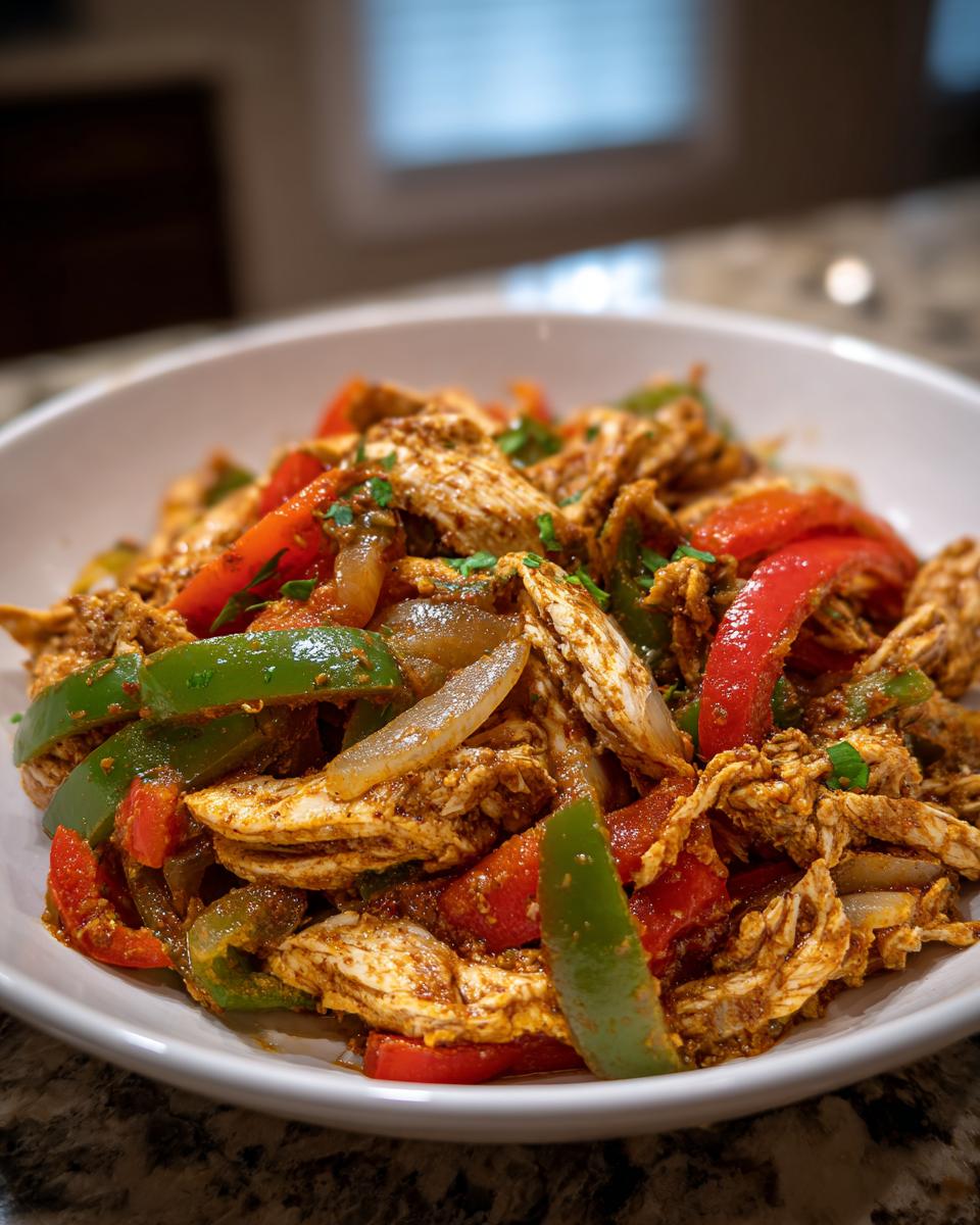 Close-up of shredded chicken mixed with sliced red and green bell peppers and onions, seasoned for crockpot chicken fajitas.