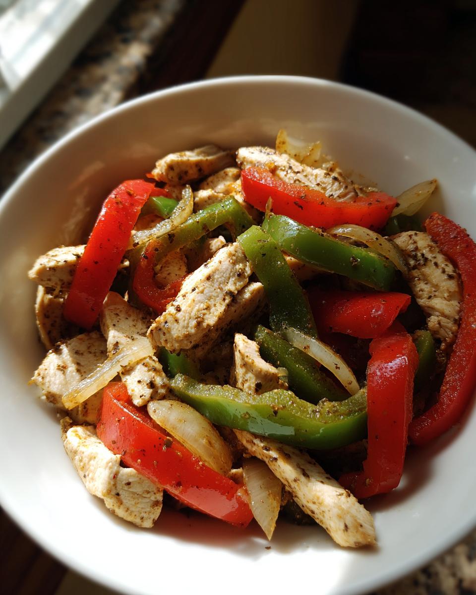 Close-up of seasoned chicken strips mixed with sliced red and green bell peppers and onions for crockpot chicken fajitas.