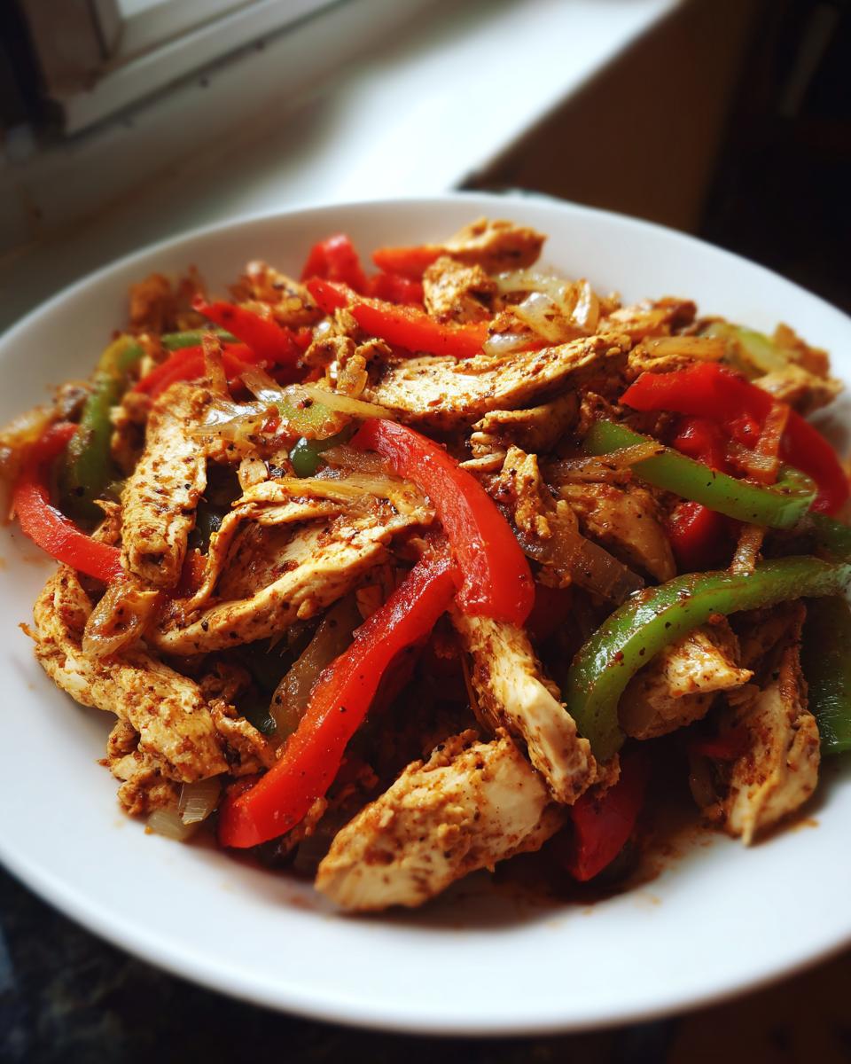 Close-up of seasoned chicken strips mixed with sautéed red and green bell peppers and onions for crockpot chicken fajitas.