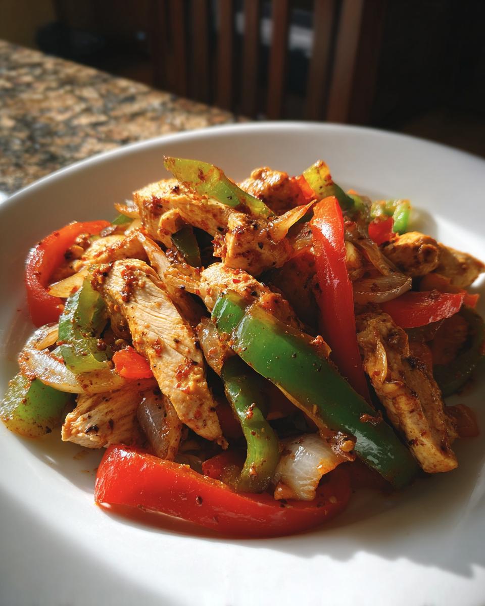 Close-up of seasoned chicken strips mixed with vibrant red and green bell peppers and onions, ready to eat as crockpot chicken fajitas.