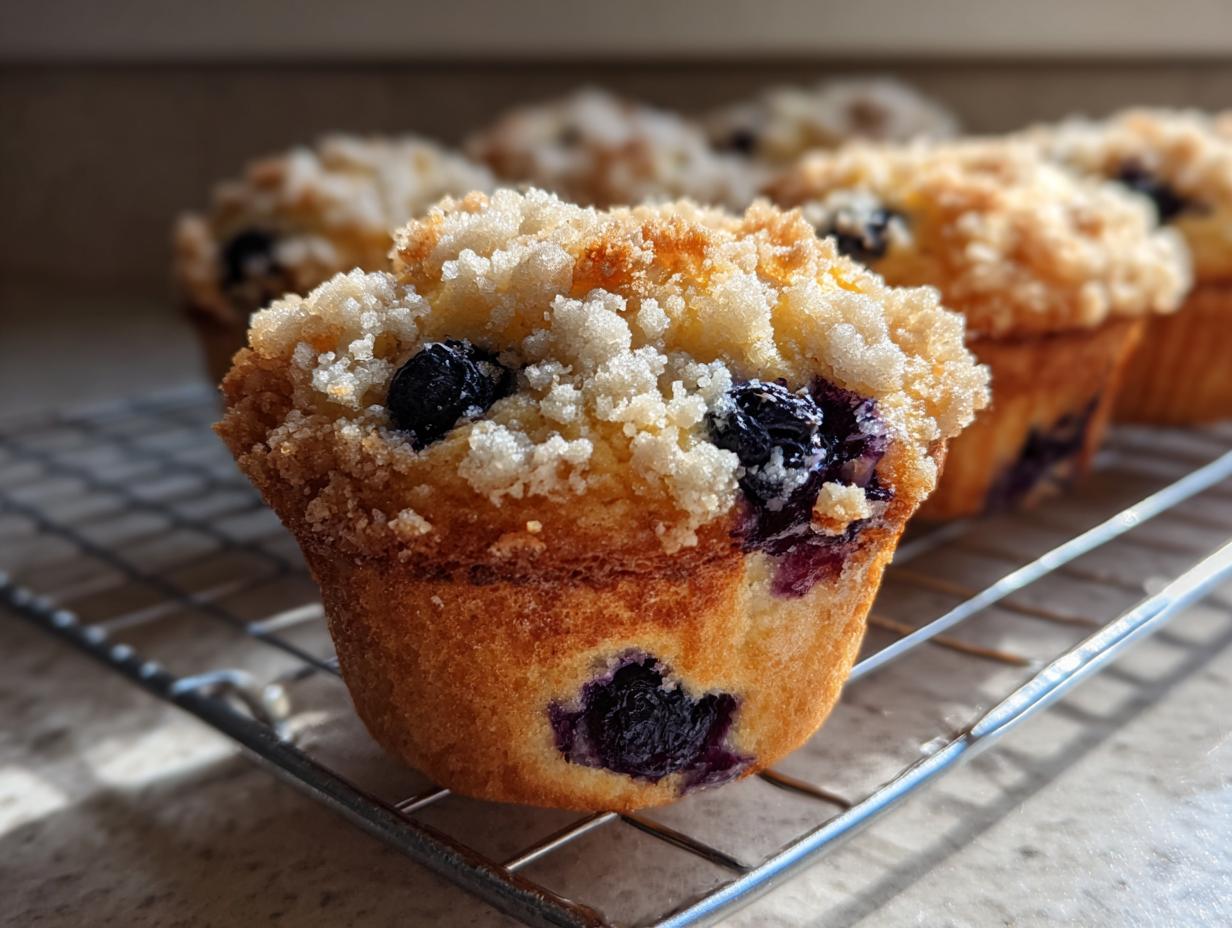 A close-up of a golden brown blueberry muffin topped with sweet streusel cooling on a wire rack.