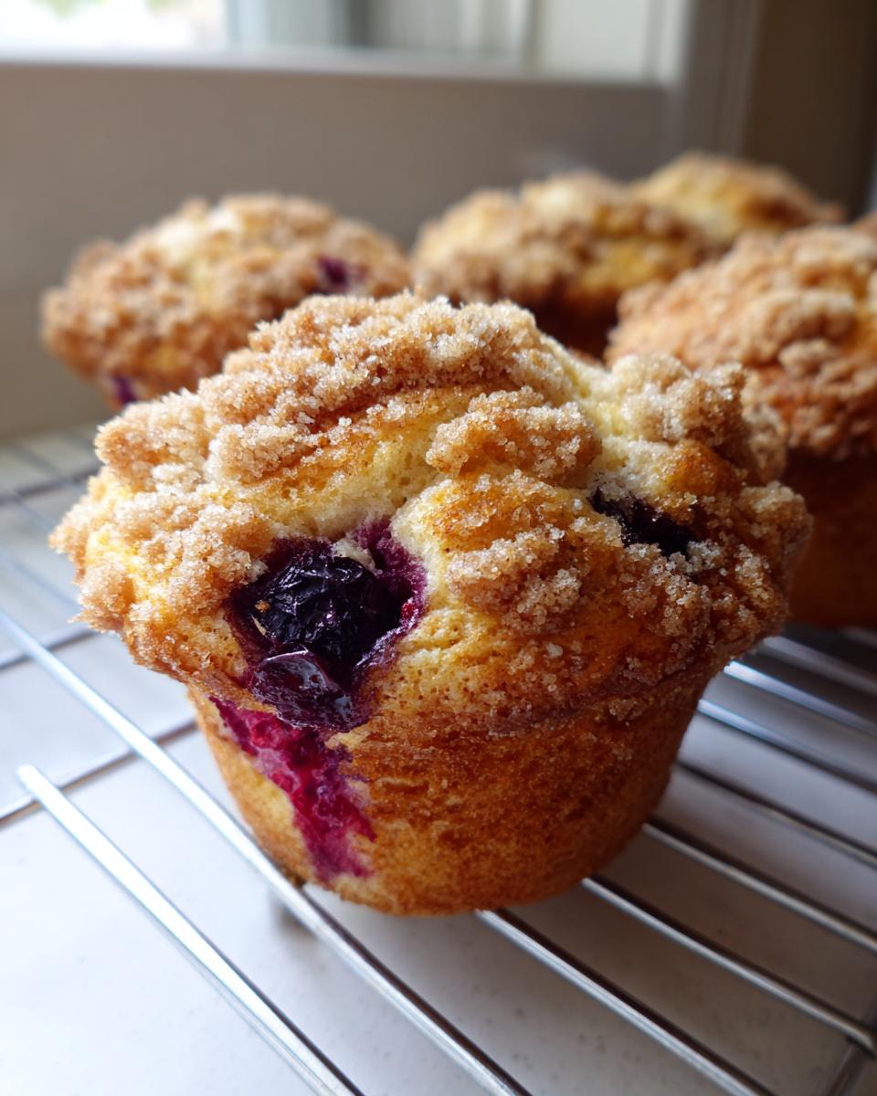 Close-up of a golden-brown blueberry muffin featuring a rich, sugary crumb topping and a burst of juicy blueberry filling.