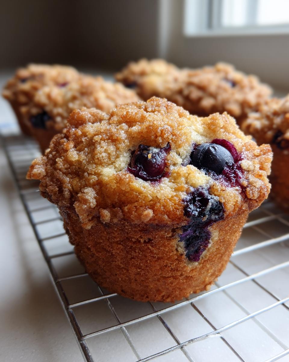 A close-up of a golden brown blueberry muffin topped with sweet streusel cooling on a wire rack.