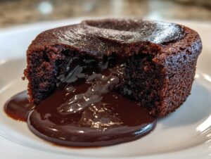Close-up of a rich chocolate lava cake with the molten center oozing out onto a white plate.