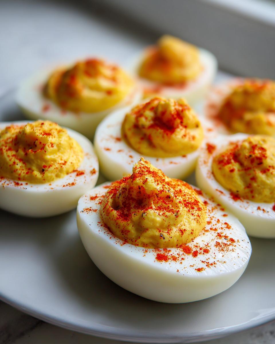 Close-up of several deviled egg halves filled with creamy yolk and sprinkled with bright red paprika.